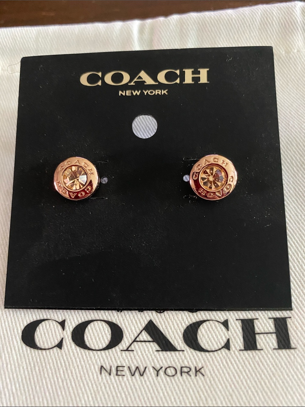 NWOT Coach Rose Gold Logo Crystal Stud Earrings